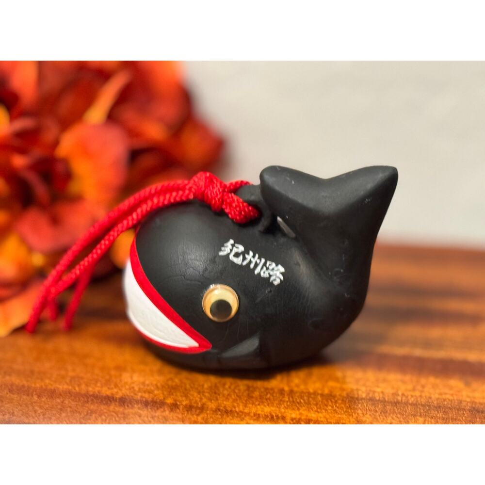 Vintage Black Ceramic Whale Figurine with Bell, Cute Japanese Decor, Clay Bell